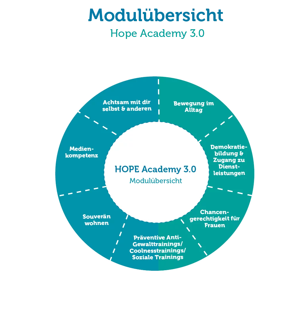 Ein Tortendiagramm zur Modulübersicht der Hope Academy 3.0